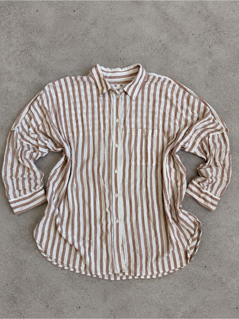 American Eagle Outfitters Beige and White Striped Button-Down Shirt